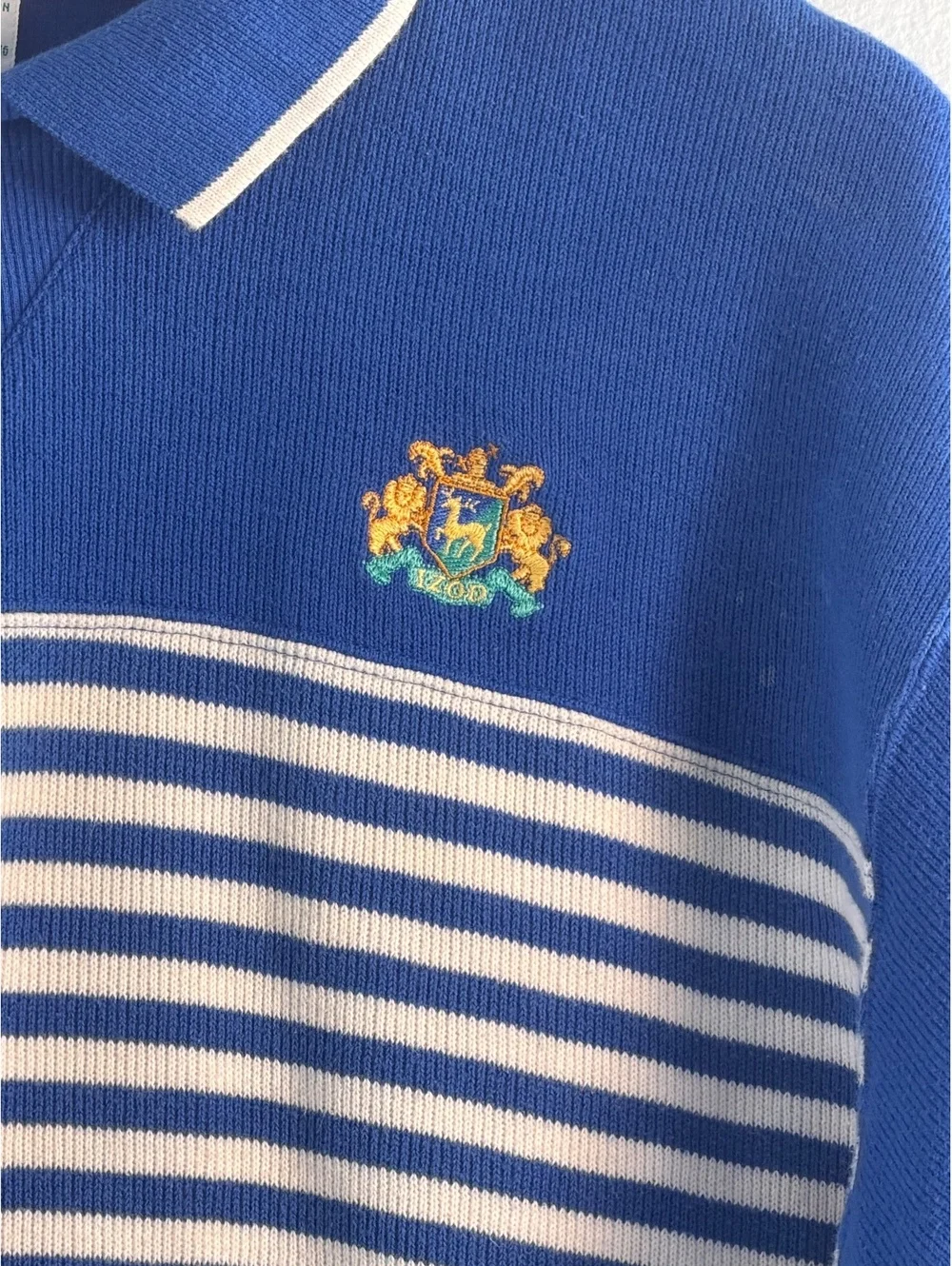IZOD Club Ladies' Medium Blue and White Striped Cotton Polo Sweater